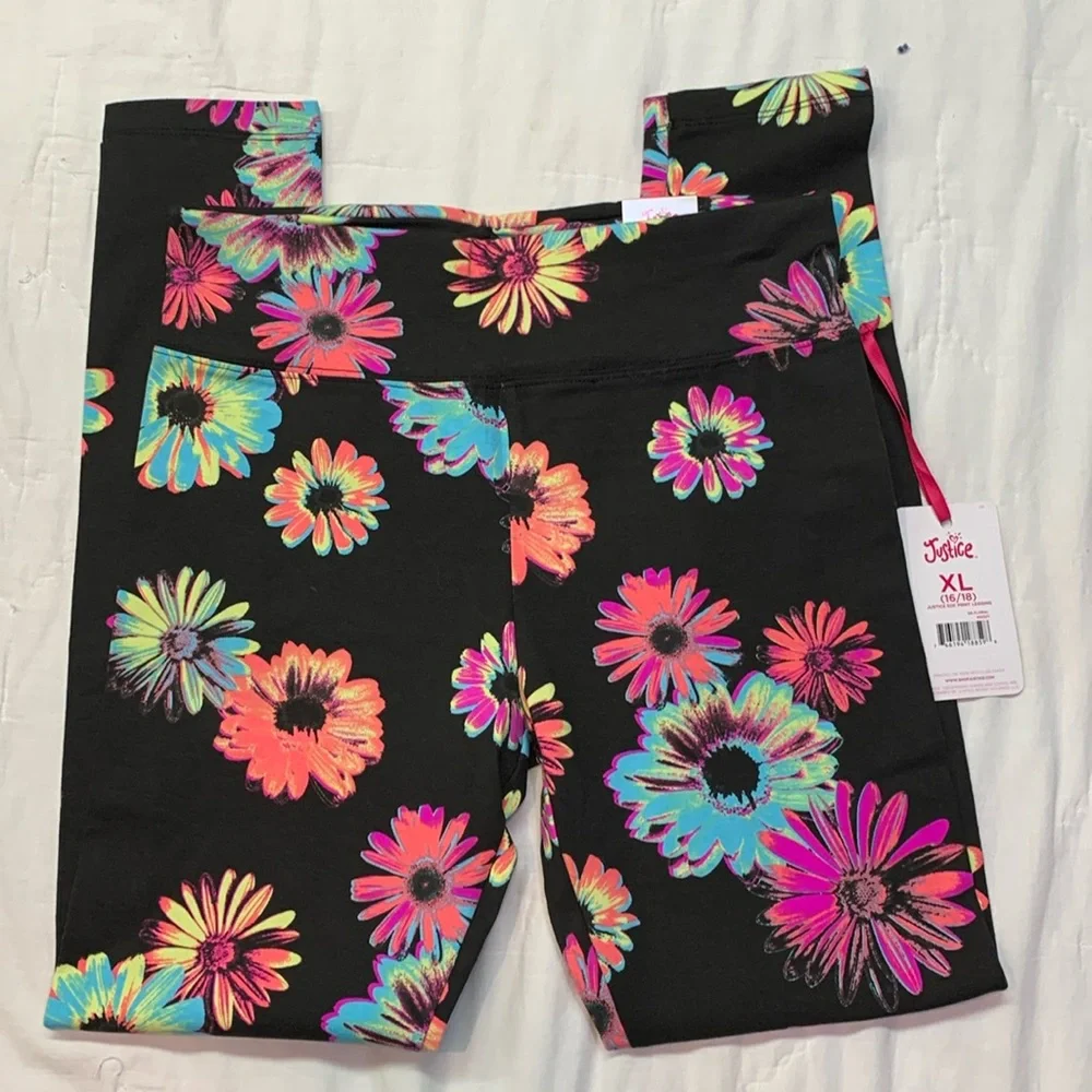 Justice Girls XL Neon Black Multi-Color Daisy Floral Full Length Leggings‎ NWT